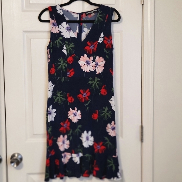 KARL Lagerfeld Navy Blue Floral sleeveless V-Neck Dress Size 4 - Picture 4 of 10